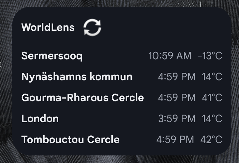 WorldLens home-screen widget showing five saved places